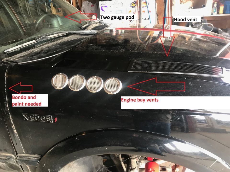 Black car fender with four circular vents, hood vent, and 'XEDGE' emblem. Text indicates 'Bondo and paint needed' and 'Engine bay vents'
