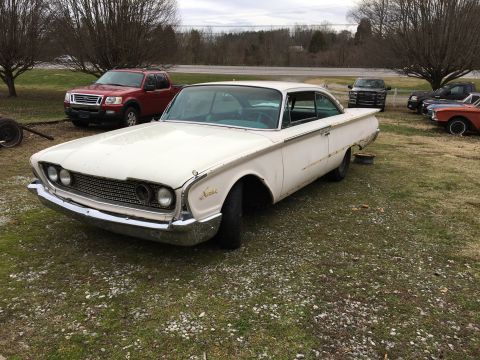 1960 Ford Starliner - A white 1959 Ford Fairlane 500 Galaxie is parked in a grassy lot with other vehicles visible in the background.