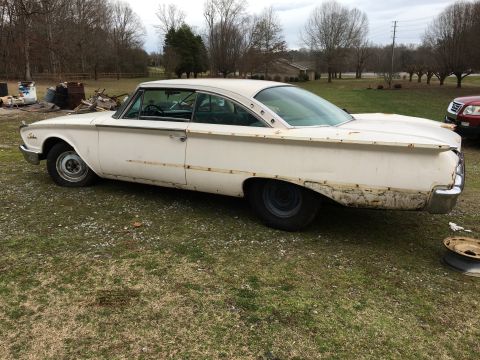 1960 Ford Starliner - A white 1960 Ford Starliner coupe with fins sits in a grassy yard.