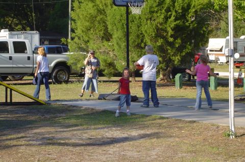 1974 Ford Bronco - A group of people are gathered outdoors near a pickup truck and a basketball hoop.