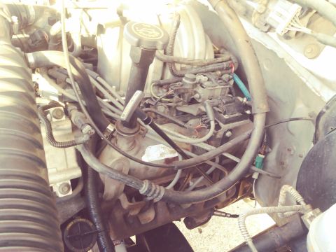 1996 Ford Bronco - Close-up view of an engine bay, showing hoses, wiring, and engine parts.
