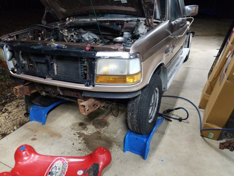 1993 Ford F-250 - Since the engine is coming out, I pulled the radiator and flushed it back & forth a few times to remove most of the rust sediment. Then I c…