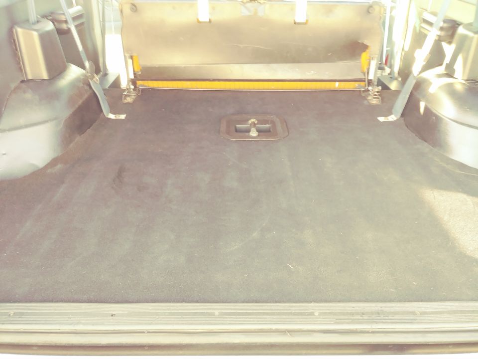Interior cargo area of a vehicle with black carpet and metal latches