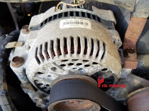 1997 Ford F-250 - The belt is missing a rib, and it walks slowly back & forth on the WP pulley (which does NOT appear to be bent). It may be 1 rib too far ba…