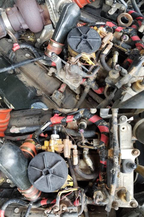 1997 Ford F-250 - The rodent damage is much more apparent without the engine cover. About half the hood insulation was packed under the turbo, but I blasted…