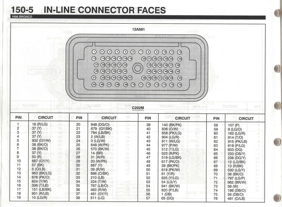 1996 Bronco in-line connector C202M face pinout chart, page 150-5