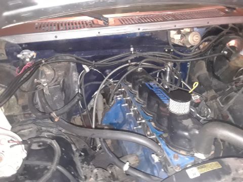 1985 Ford Bronco - Close-up view of an engine bay, blue valve covers and various hoses and wiring.