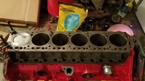 1985 Ford Bronco - A disassembled engine block with a piston in place, resting on a red painted component, with various items in the background.