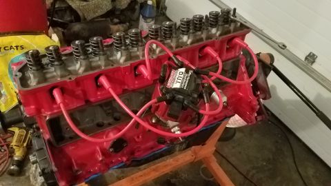 1985 Ford Bronco - A red V8 engine block is shown with its spark plug wires and distributor, resting on an engine stand.
