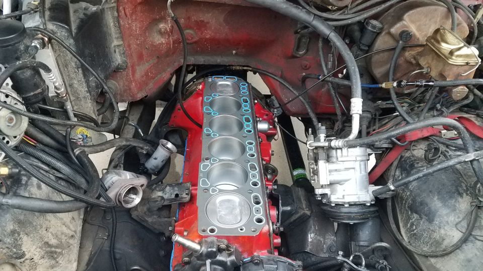 Engine block with gasket and cylinder heads removed