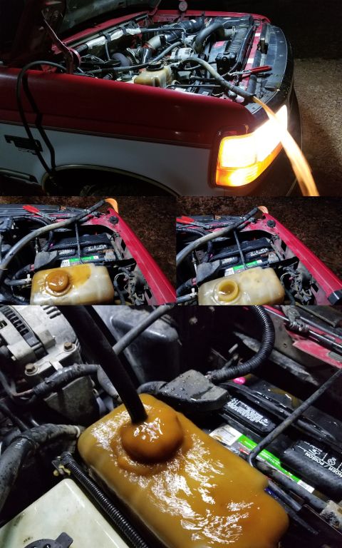 1997 Ford F-250 - After fixing the brakes, I poured in a bottle of VC1 Coolant Flush , drove around for a few minutes, then hooked up a garden hose to the he…
