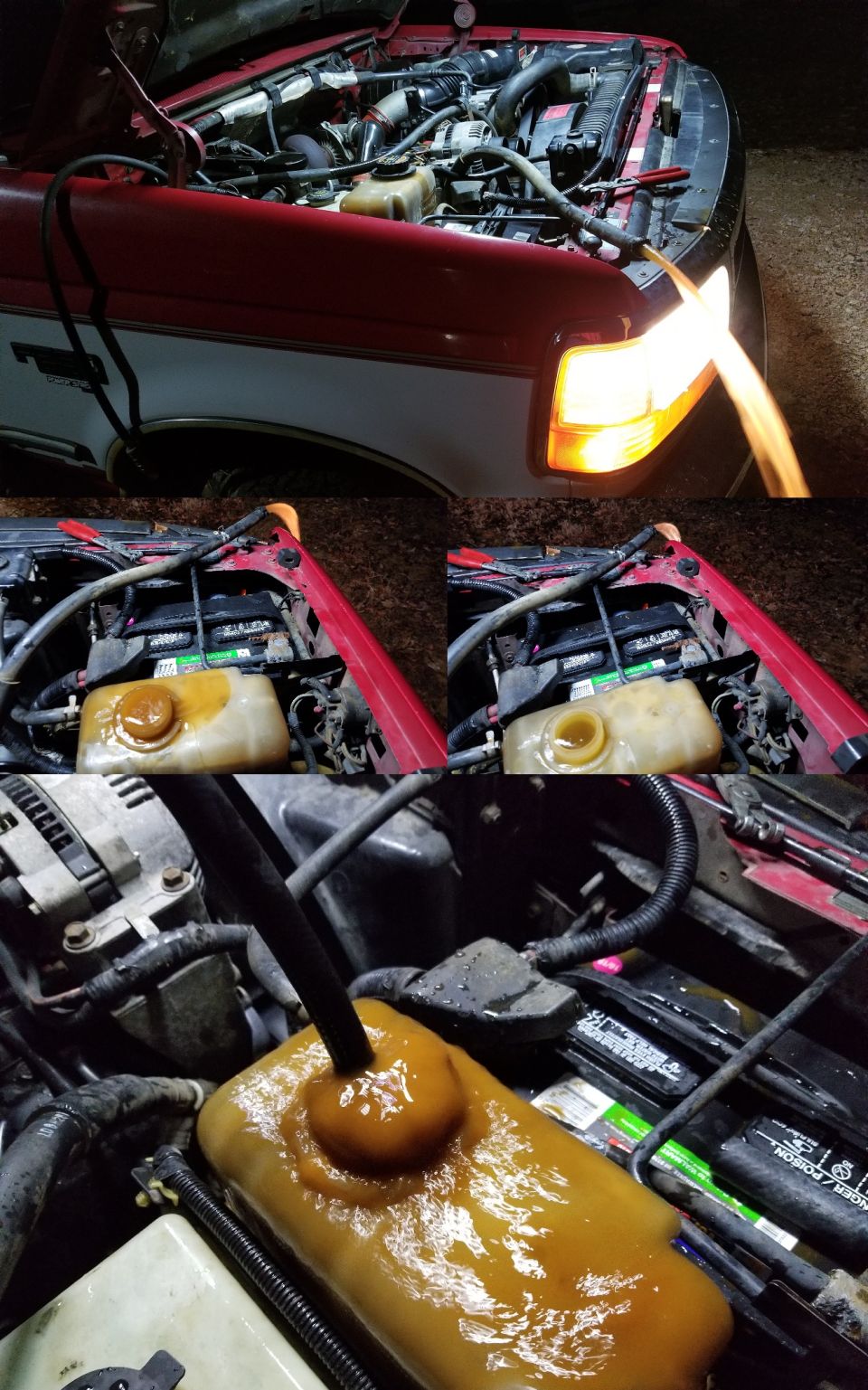 Ford truck engine bay, coolant reservoir is full and discolored, with a hose inserted