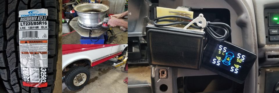 Cooper Discoverer AT3 LT tire, bare aluminum wheel, red and white truck side, and digital tire pressure monitor showing 55 PSI