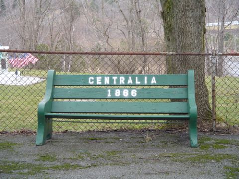 1979 Ford Bronco - A park bench displays 'CENTRALIA' and '1866' in white lettering.