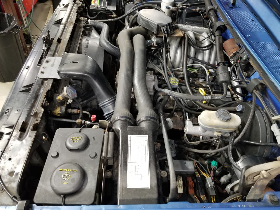Inline engine bay of blue vehicle with coolant reservoir and air intake