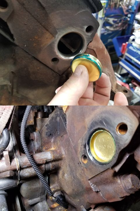 1996 Ford Bronco - Normal installation in the 3 undamaged bores: Hylomar & hammer the plugs in.