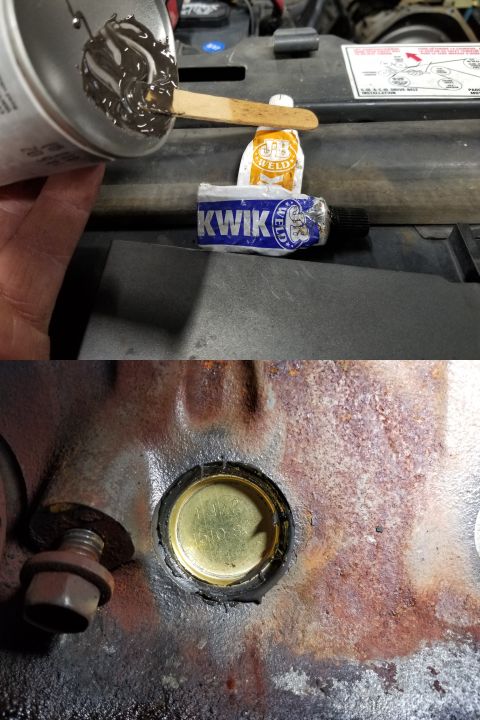 1996 Ford Bronco - For the 2 rust-damaged bores; rather than machine them out larger, I just used JBWeld as the sealant & drove the plugs in.