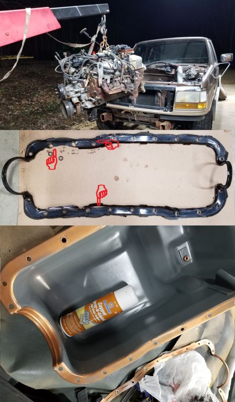 1993 Ford F-250 - The pan gasket is a cheap silicone replacement with undersized grommets that allowed the pan to pinch through in several places. And it mus…