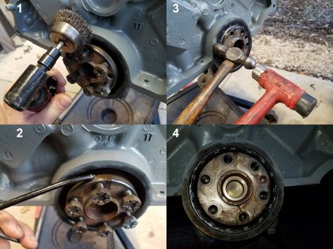 1993 Ford F-250 - I polished the crank flange, oiled it, and drove in the new Mahle JV1636 rear main seal. IF THE IMAGE IS TOO SMALL, click it.