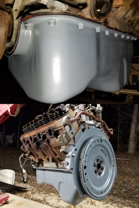 1993 Ford F-250 - With new pan gasket ( Mahle OS32492 ) & RMS ( Mahle JV1636 ), the oil pan, shim plate, and flexplate went back on pre-painted. IF THE IMAGE…
