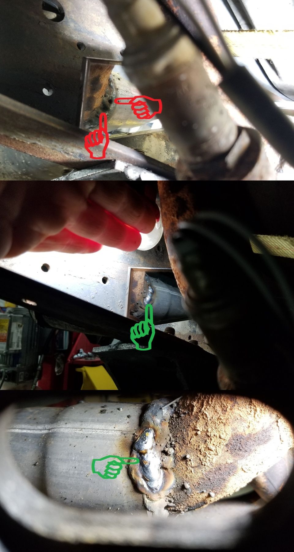 These 2 leaks were only visible with a mirror. I had to weld them through the slot in the frame.
