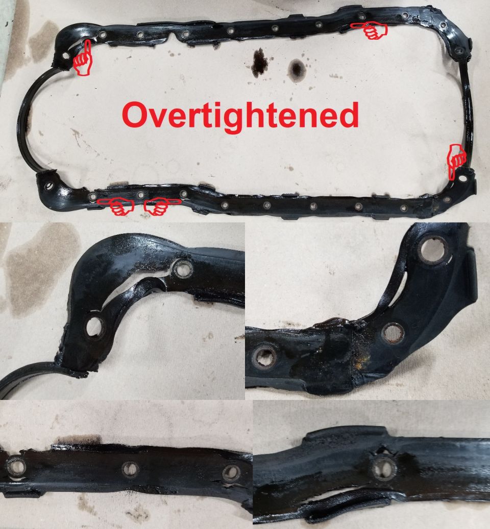 Damaged oil pan gasket with red markings indicating overtightening and close-ups of the damage