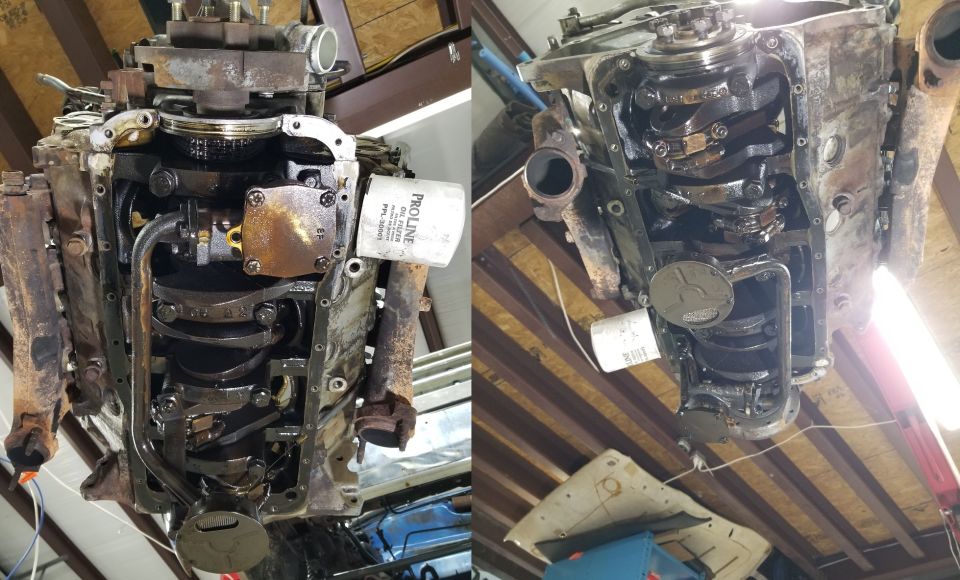 Engine block with oil filter attached, showing crankshaft and internal components