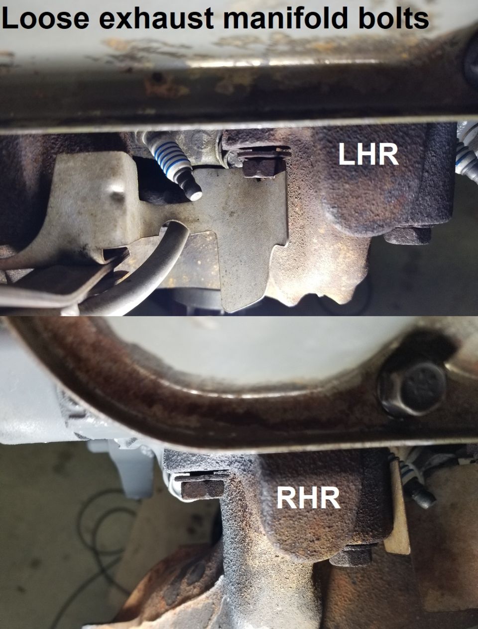 I tightened two exhaust manifold bolts that were very loose; a few others, slightly. Since I didn't find any leaks here with the engine running, I don't think the manifolds are warped - probably because they don't have gaskets (which is proper).