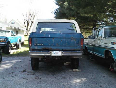 1978 Ford Bronco - Rear view of a blue 1978 Ford Bronco with a white hardtop, parked next to other vehicles.