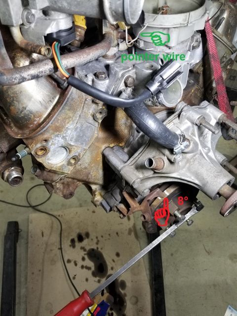 1989 Ford Bronco - I turned the crank forward to 0 degrees, set a pointer wire on the distributor shaft, then turned the crank back just until the wire starte…