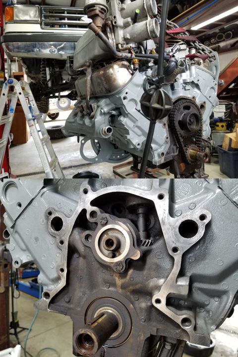 1989 Ford Bronco - Just before removing the timing cover, I painted the block. After removing the timing cover gasket & gears, I polished the gasket surface.