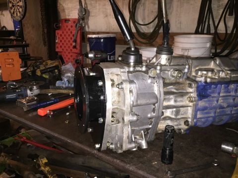 1985 Toyota Hilux - A close-up view of a vehicle's transmission, likely undergoing maintenance or repair.