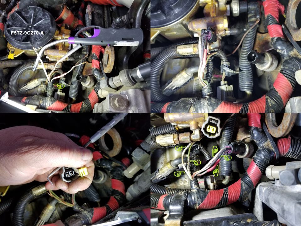 Close-up of engine wiring harness with connectors and a part number F5TZ-9G270-A visible