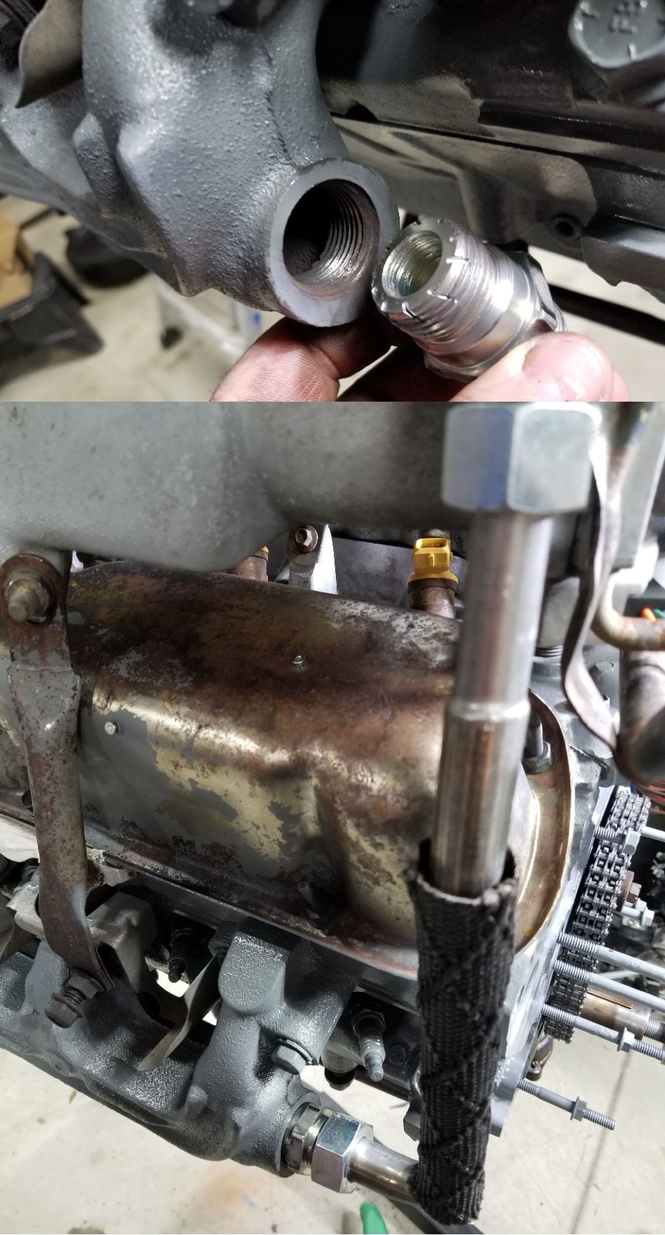 The EGR fitting was too rusty to reuse, and its threads stripped when I removed it from the manifold. So since I don't have & can't find a tap that fits it, I had to make the new fitting a thread-chaser.  I ran the old fitting in several times to break up the rust in the manifold threads, then the new one, before installing it & the EGR pipe with Nickel anti-seize.
IF THE IMAGE IS TOO SMALL, click it.
