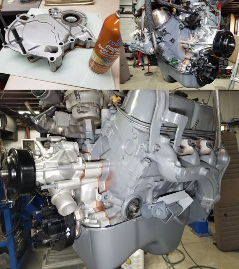 1989 Ford Bronco - After Copper-Coating the new timing cover gasket on, I installed it (with a used dowel tube) & the oil pan. The oil pan corners also got so…