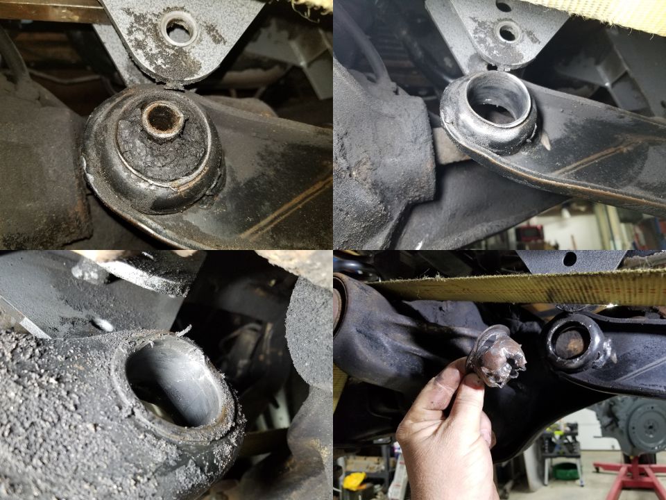 worn suspension bushing being removed from control arm