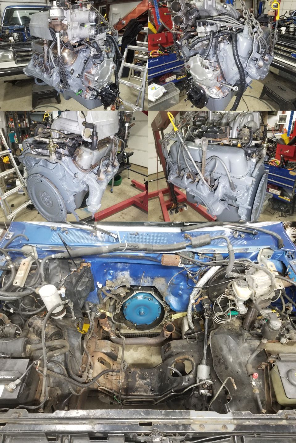 The engine & bay are almost ready for each other.  The steering box has been replaced, and the (clean) intermediate shaft's telescope joint is greased. Most of the grime is scraped off the crossmember.
IF THE IMAGE IS TOO SMALL, click it.