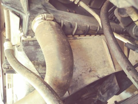 1996 Ford Bronco - A close-up view of a dirty radiator hose and other engine components in a vehicle. Text is visible on the hose, reading "23303144".