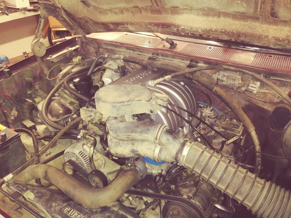 Engine bay of a Ford Bronco with a V8 engine, carburetor, and air intake.
