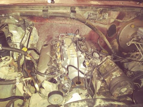 1996 Ford Bronco - The engine bay of a Ford Bronco is shown, with various components of the engine and air conditioning system visible. Wires, hoses, and meta…