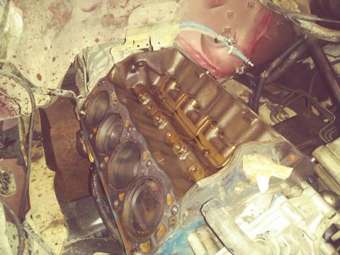 1996 Ford Bronco - The image shows the engine bay of a vehicle, focusing on the cylinder block and some surrounding components. The engine appears to be parti…