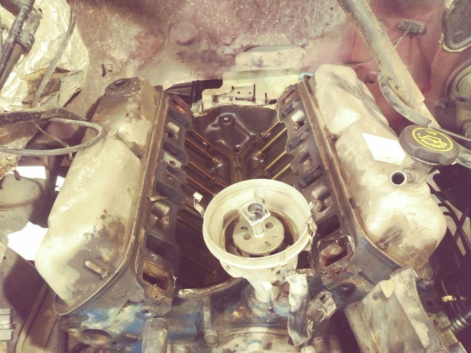 Overhead view of a disassembled V8 engine with intake manifold removed, showing cylinder heads and distributor cap.
