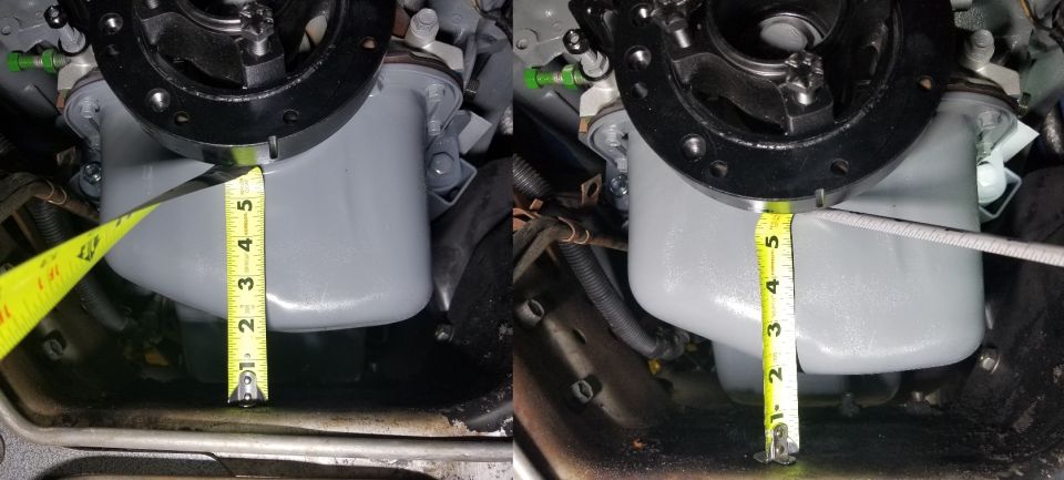 Tape measure held against gray intake manifold in engine bay, two-frame comparison