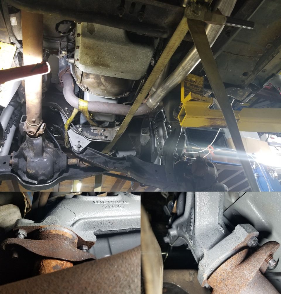 The exhaust was built while the engine mounts were broken, and the trans mount wasn't neutralized. And it has too many hangers, preventing it from shifting as it needs to. The tailpipes also contact the leaves during full droop (as when it's on the lift). So it took a lot of force to align the pipe flanges with the manifolds.
IF THE IMAGE IS TOO SMALL, click it.