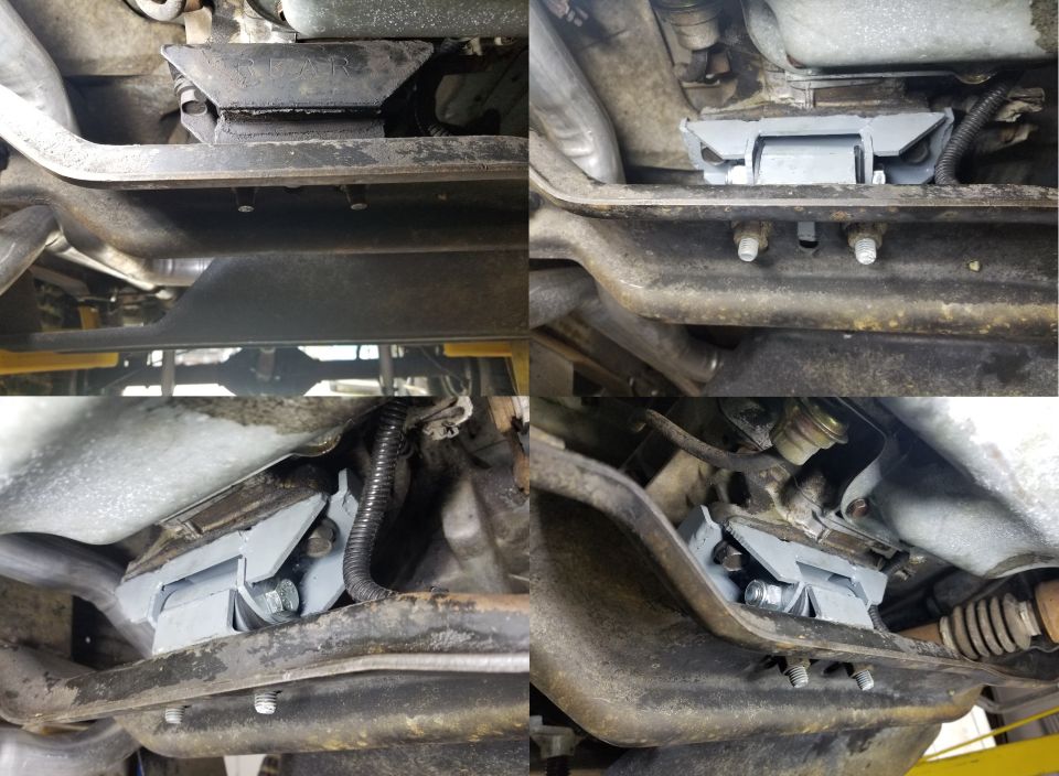 I had a lot of trouble making the bellhousing mate up to the block, until I found out why. Someone turned the transmission mount backward. The starter bolts were also mismatched.

The exhaust system is so over-attached (and it was done with broken engine mounts) that it made neutralizing the mounts difficult.  But now all 3 are polyurethane, and the engine is level in the frame.

IF THE IMAGE IS TOO SMALL, click it.