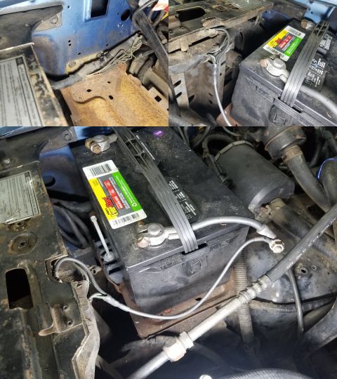 1989 Ford Bronco - Turns out the battery hold-down had been replaced with a threaded rod with the wrong thread pitch, so I had to unjam it & chase the threads…