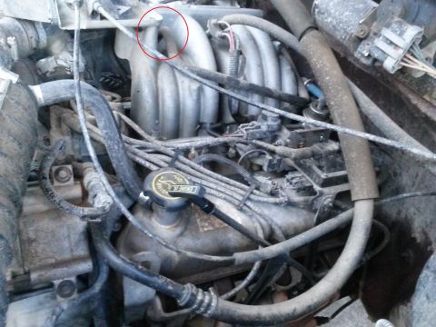 1996 Ford Bronco - A close-up view of the engine bay of a 1996 Ford Bronco, focusing on the intake manifold and various hoses and wiring. A red circle highlig…