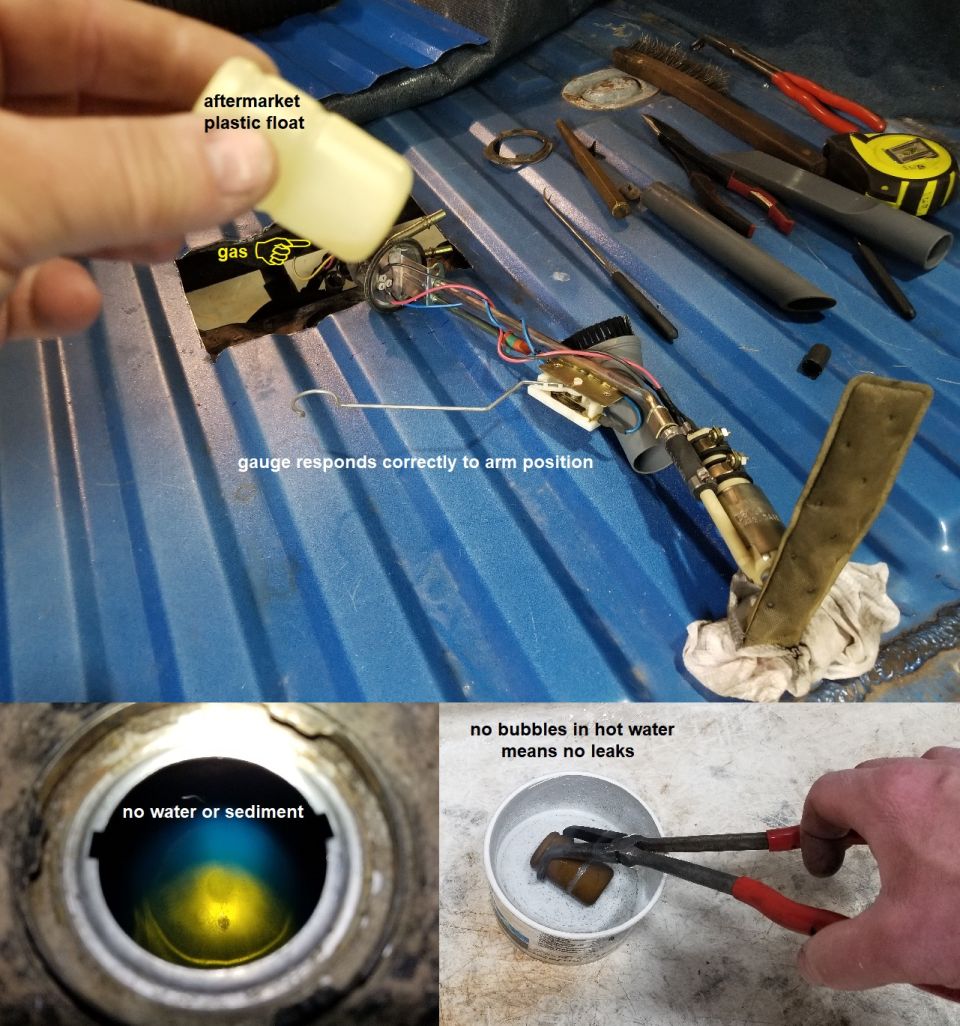 The fuel gauge works - it was just a sunk float. I tested a brass one before installing it, and the gauge shows full now. I couldn't see any contamination in the tank.
