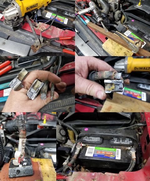 1997 Ford F-250 - Because the original terminals were abused, I soldered on some new Copper clamps. I avoided the Lead powder being thrown by the cutting whe…
