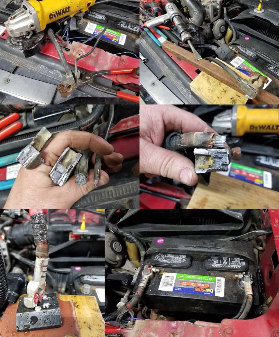Collage of corroded battery cable ends being cut and replaced on red Ford truck with EverStart battery